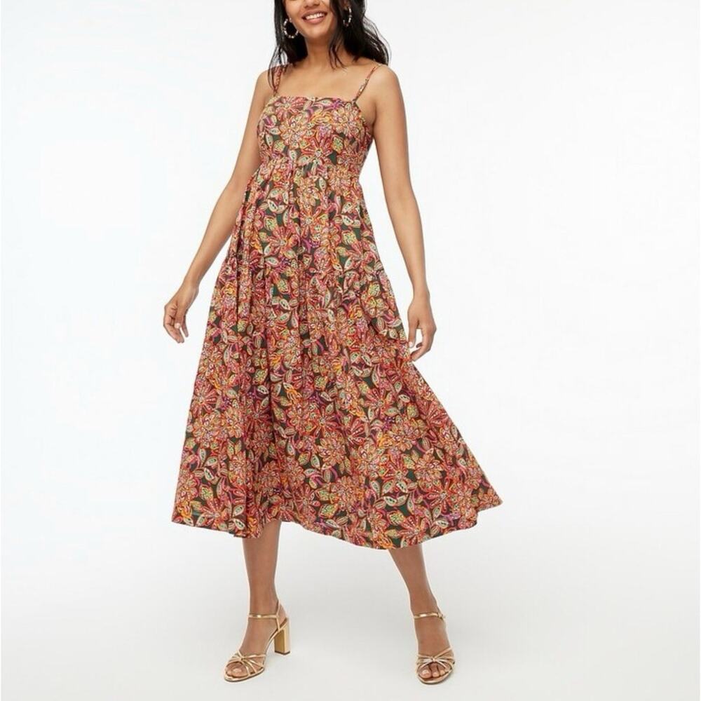 J CREW Green Tropical Floral Tie Back Cotton Lined Midi Dress Size 16 Vacation